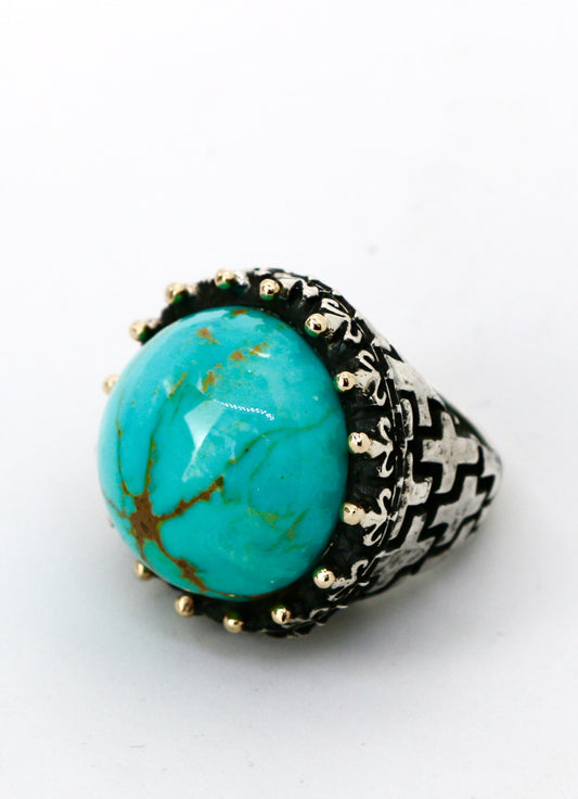 Dome Stone with Crosses Shank Ring Rings Dian Malouf Silver/Gold 6 (Allow 6-8 weeks) Kingman Turquoise (as pictured)