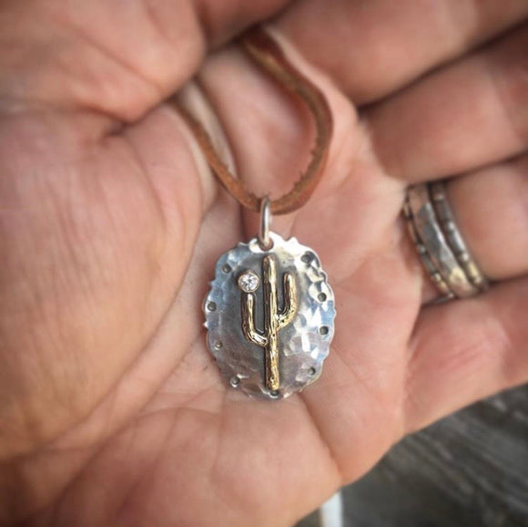 Gold Cactus pendant with diamond
