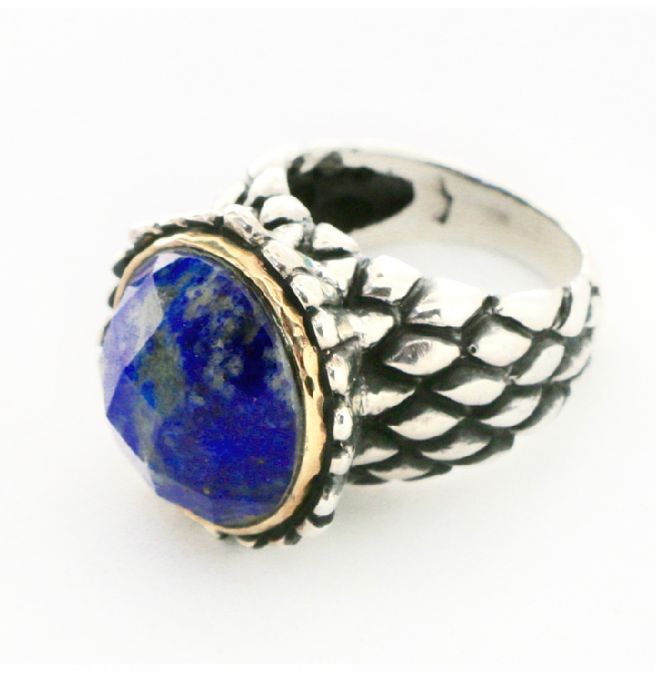 Pomegranate Ring with Stone Rings Dian Malouf Silver/Gold 6 (Allow 6-8 weeks) Kingman Turquoise