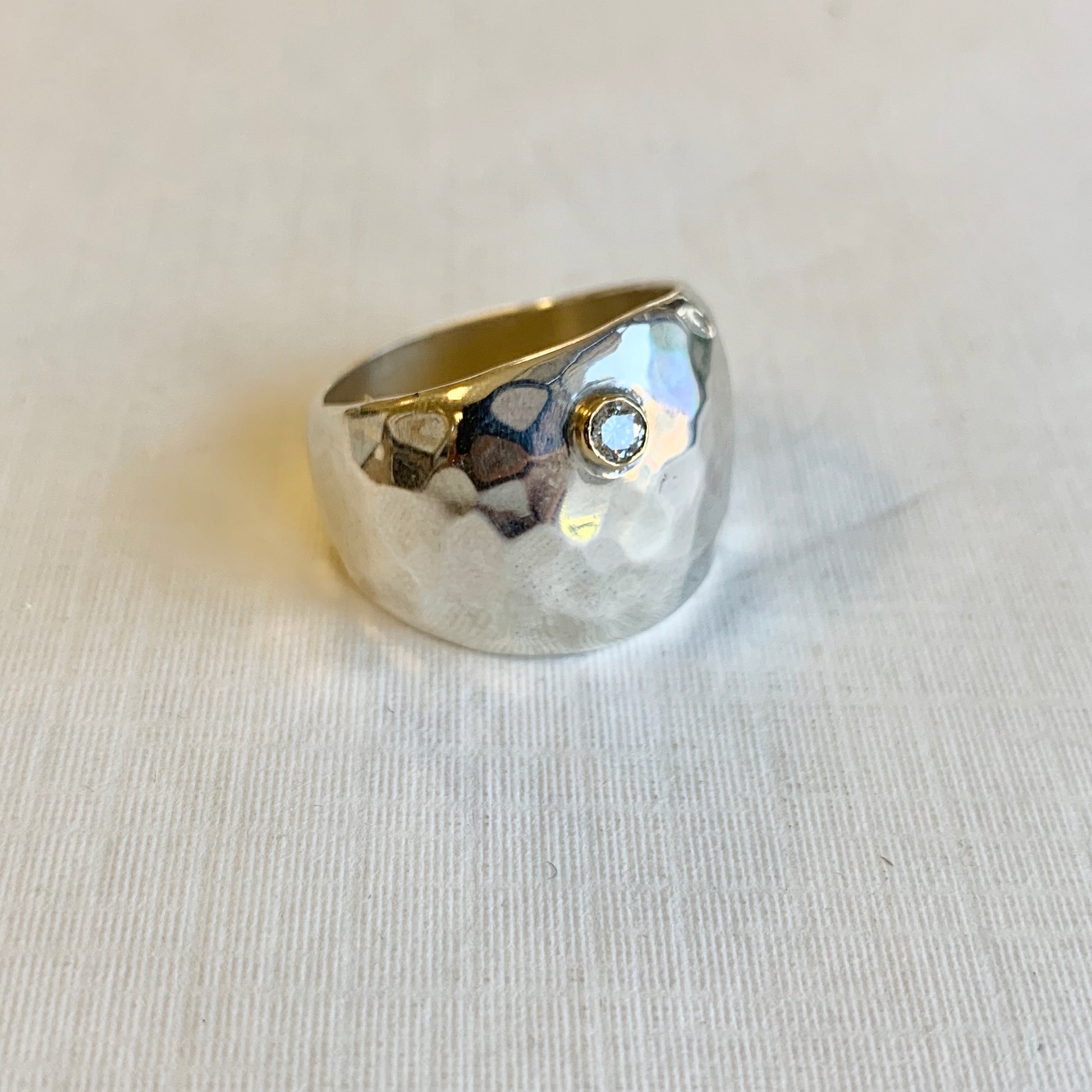 Hammered Cigar Band Ring with Diamond and Gold Bezel Rings Richard Schmidt   