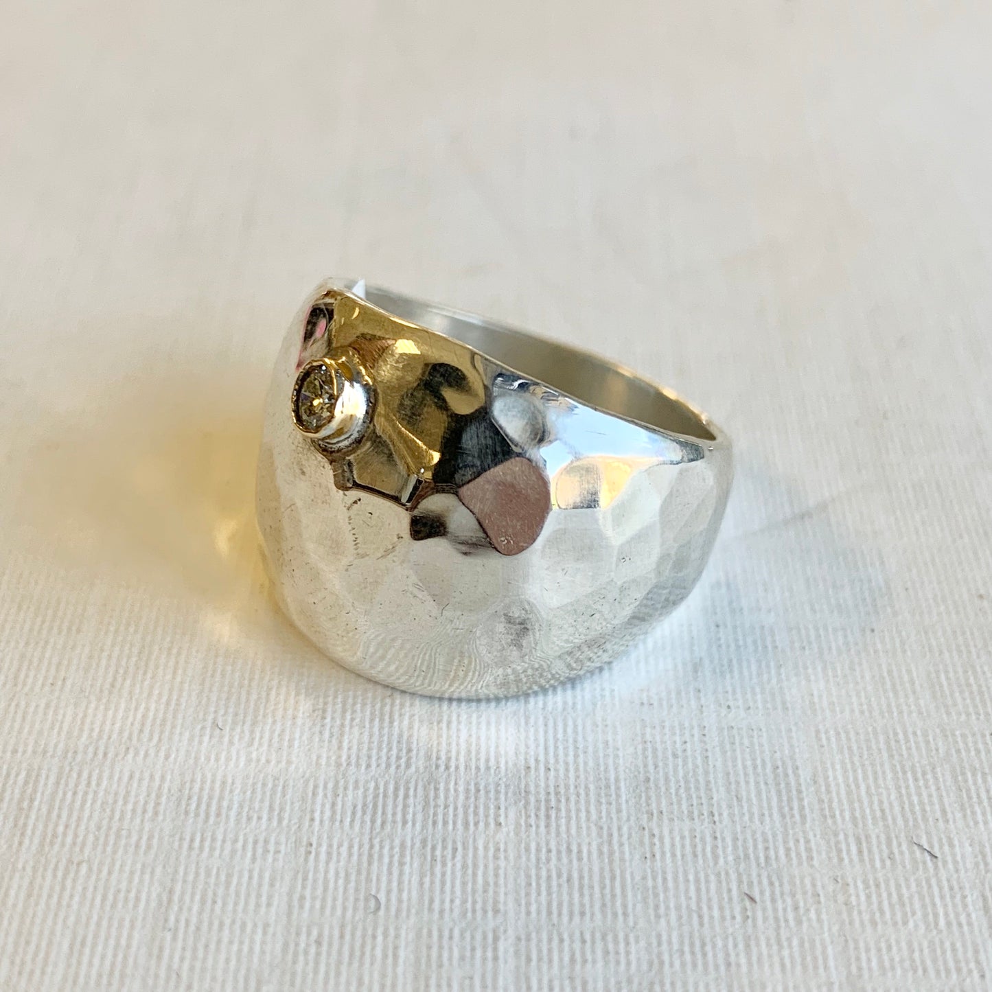 Hammered Cigar Band Ring with Diamond and Gold Bezel Rings Richard Schmidt   