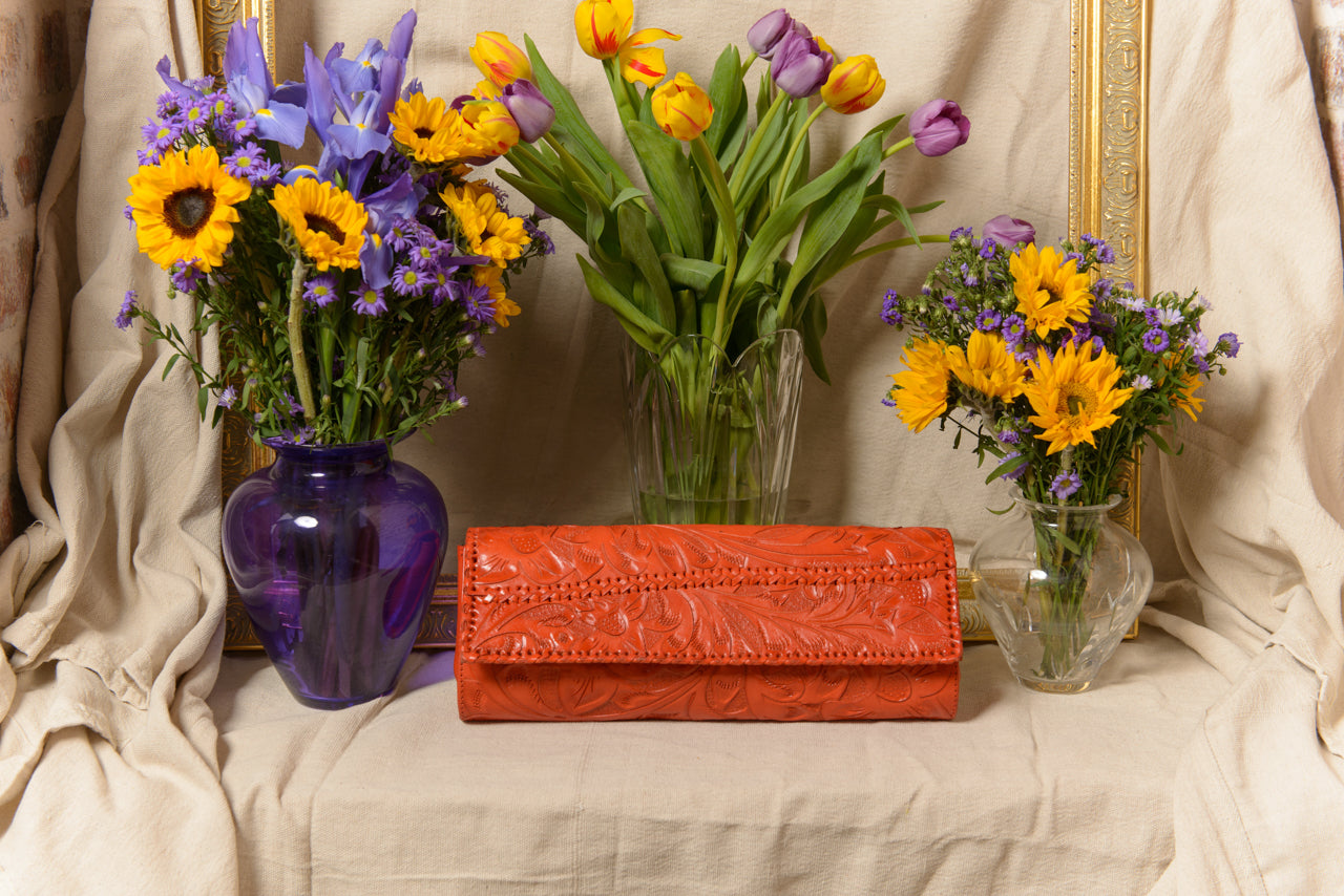 Sofia Hand-Tooled Leather Clutch Clutch Hide and Chic Orange  